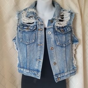 Distressed Chiqle Cropped Jean Jacket/Vest